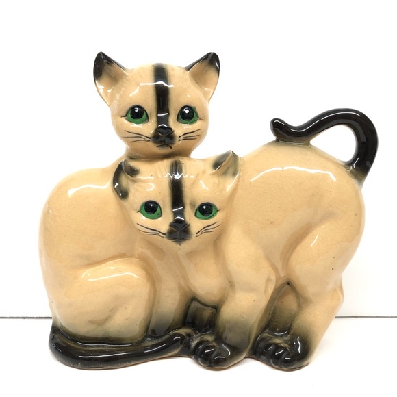 Vintage Porcelain Siamese Cat Duo with Green Eyes, Connected Cats - Picture 1 of 13